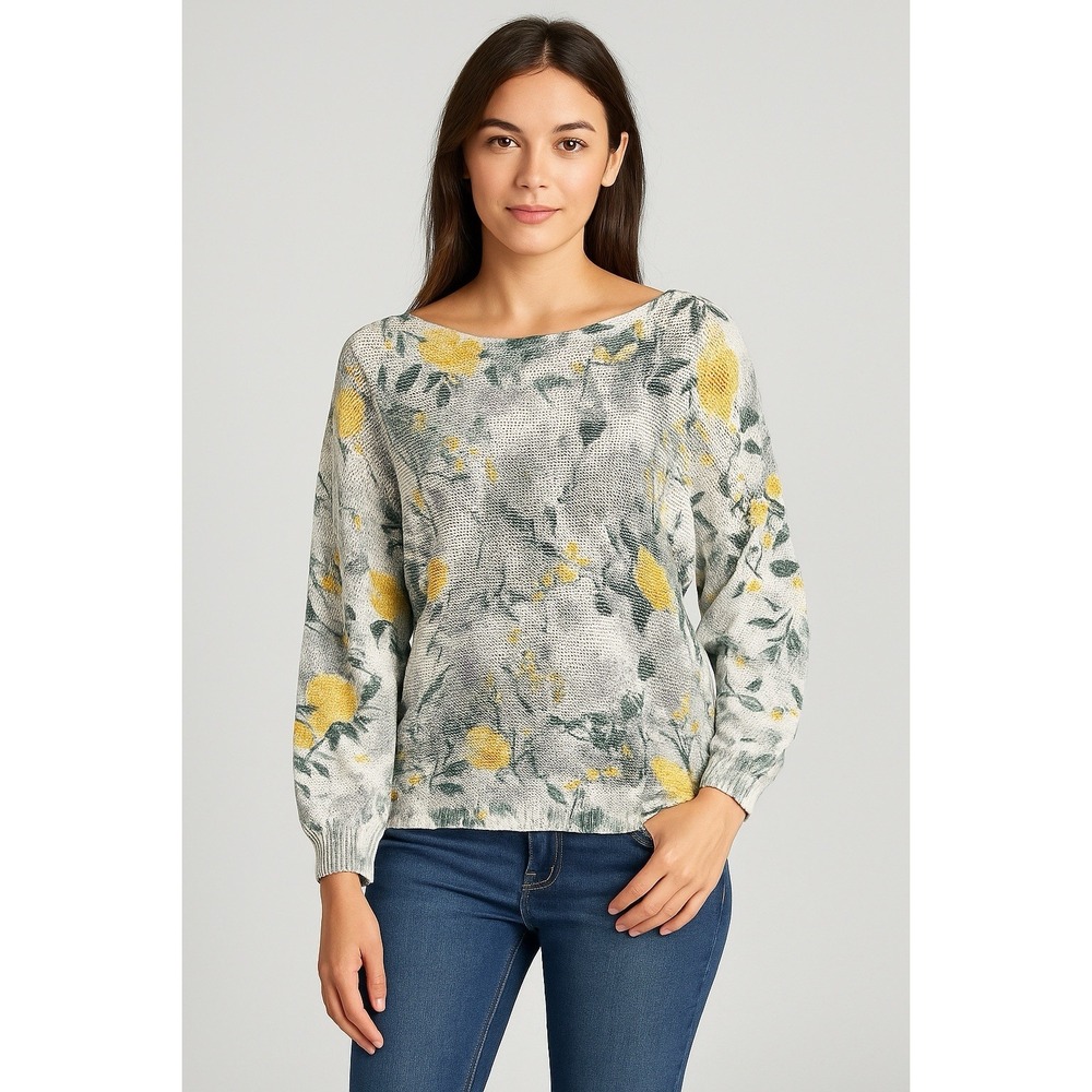 Luisa Ricci Italy Floral Knit Sweater Small‎ Yellow Gray Dolman Lightweight Boho